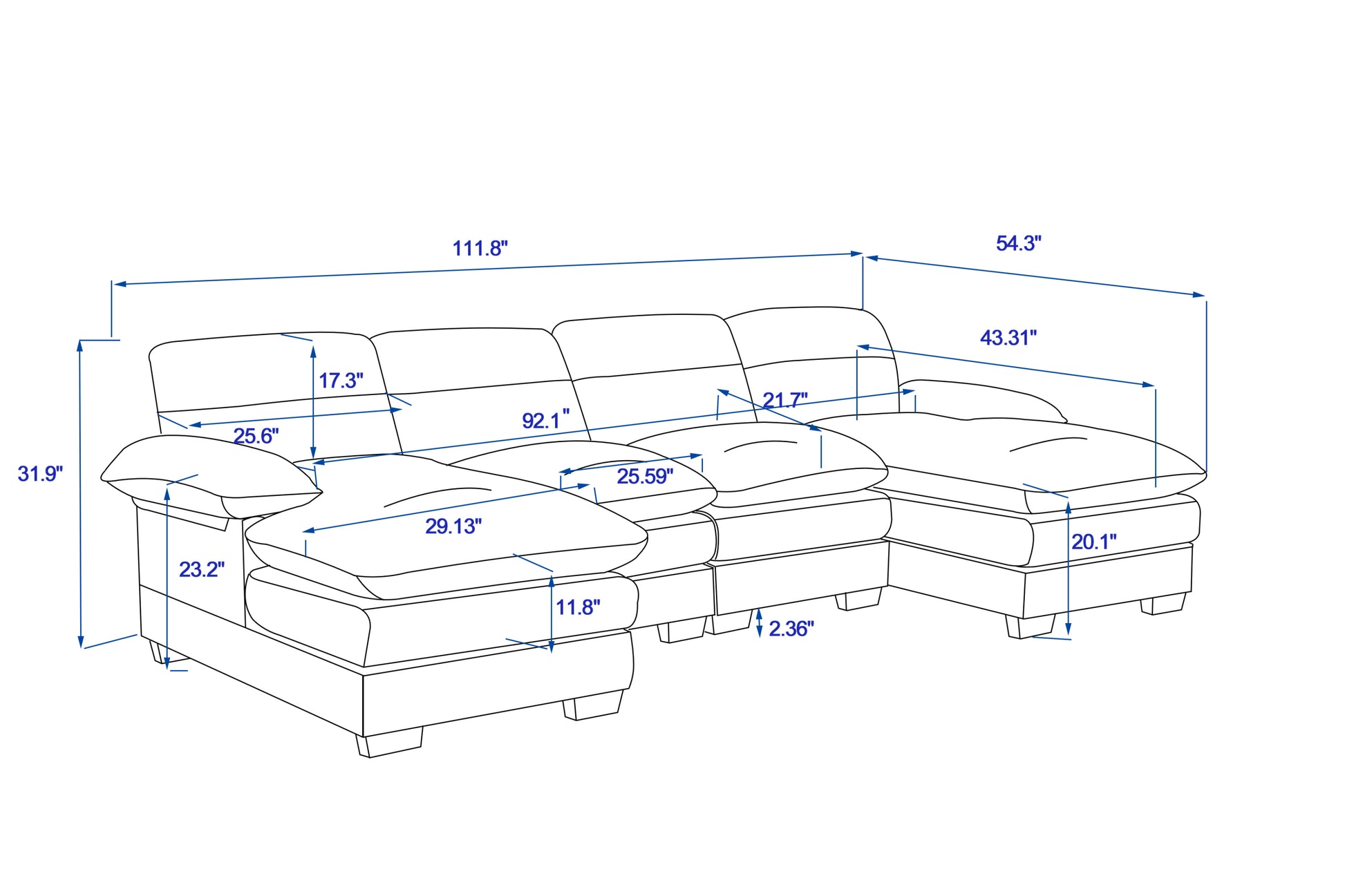 U-shaped profile sofa, including two single seats and two chaise, modular sofa, Chenille sofa,Yellow