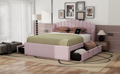 Queen Size Upholstered Platform Bed with 4 Drawers and 2 USB, Pink(Expected Arrival Time: 4.28)