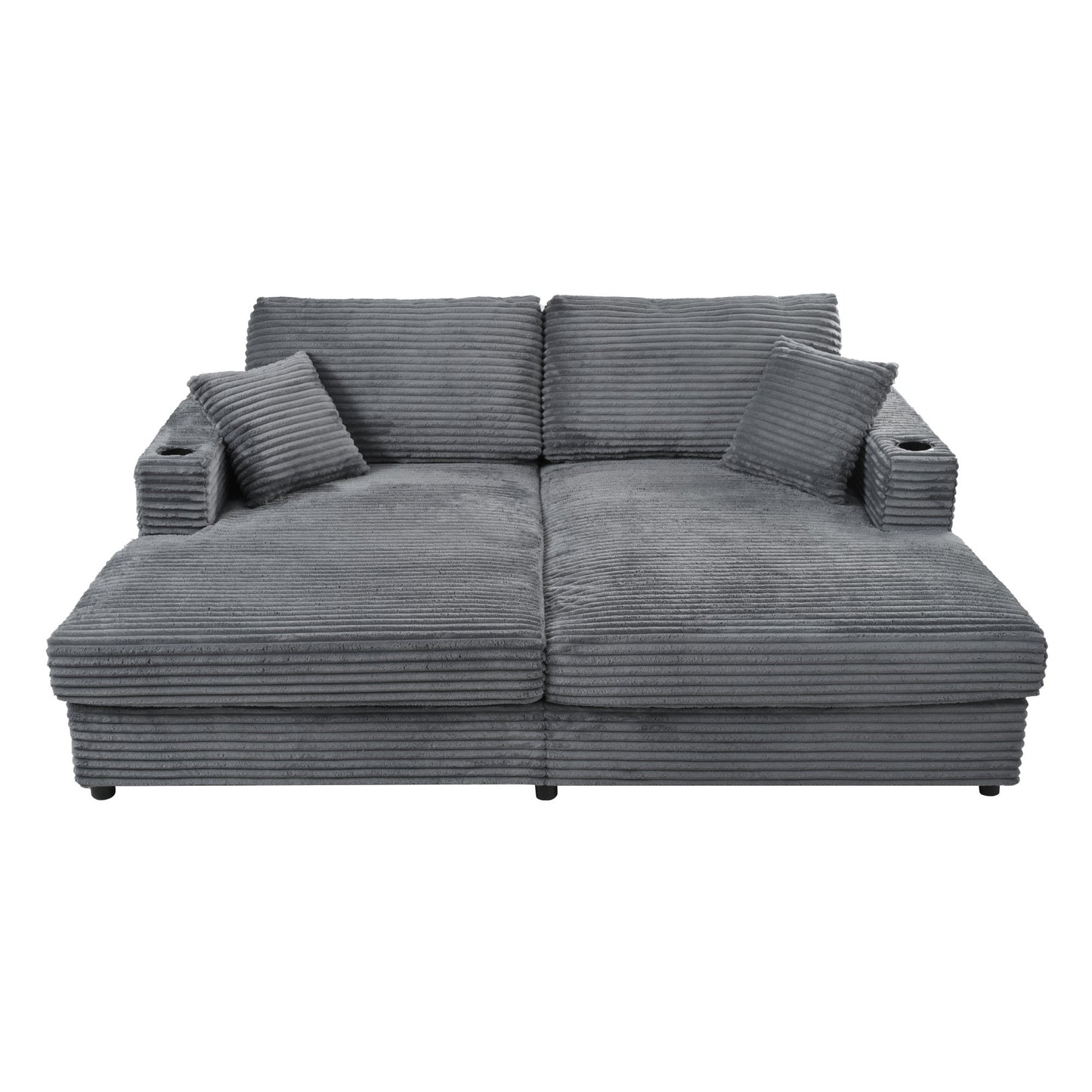 86.5" Oversized Loveseat Chaise Lounge Sectional Sofa Bed Corduroy Sleeper Sofa with Two USB Ports , Two Cup Holders and Two Throw Pillows for Living Room and Bedroom, Dark Gray