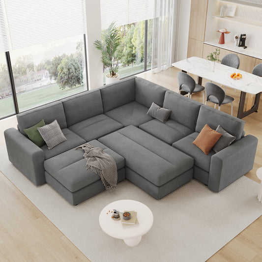 121.3" Sectional Couch Sofa Bed Modular Sofa with Two Movable Ottomans for Living Room (Old SKU:N719S001640E), Gray