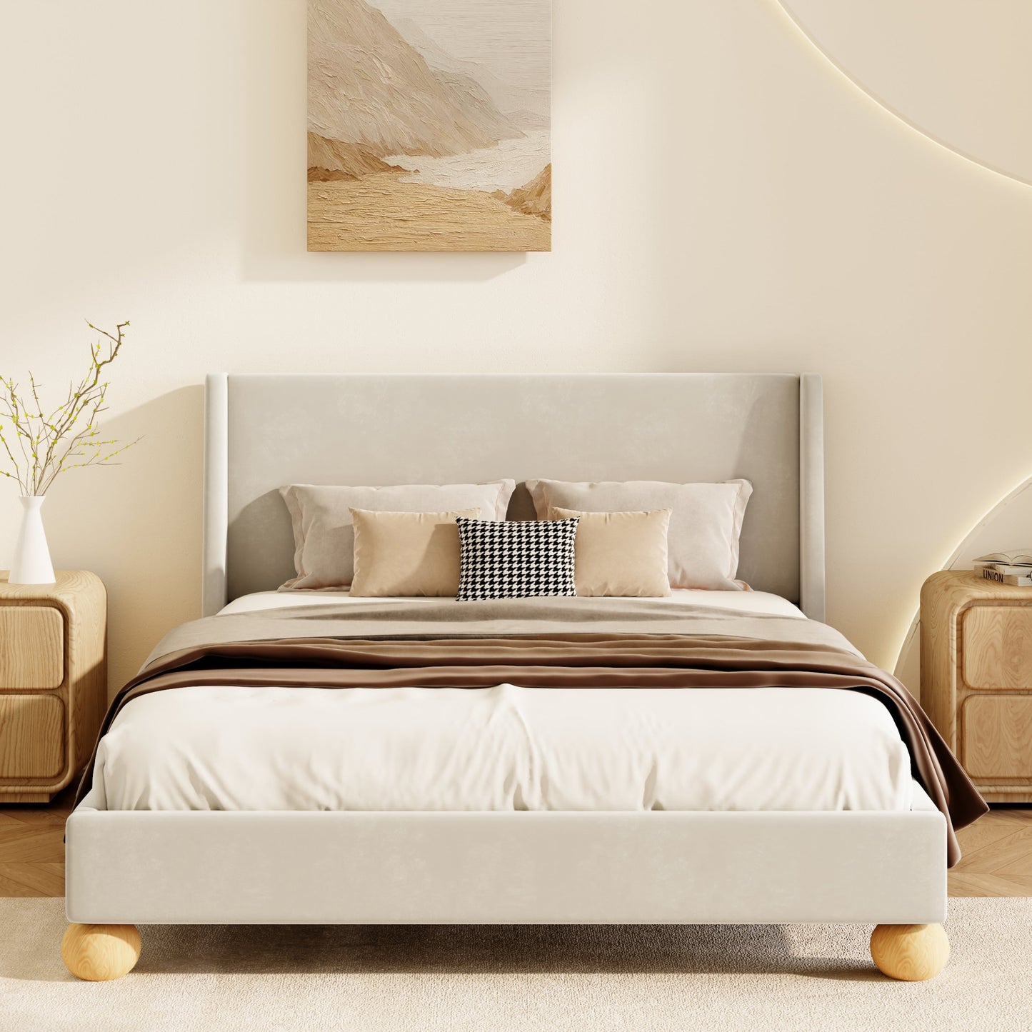 Modern Velvet Upholstered Platform Bed with Wingback Headboard and Round Wooden Legs, Cream,Queen Size(old sku:BS531851AAC)