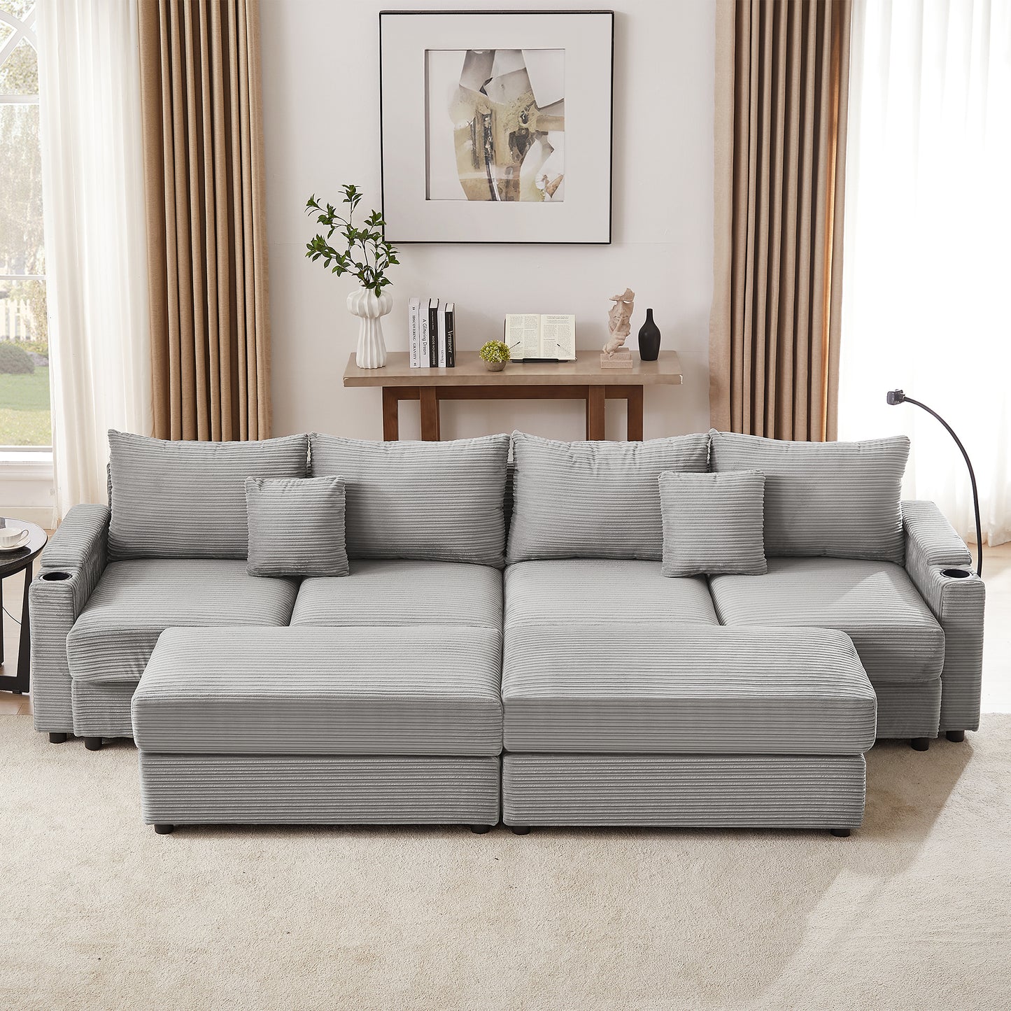 123.2" Modern Style 4-seater Sofa Sectional Sofa Couch with Storage Space, Two Movable Ottomans, Two USB Ports, Two Cup Holders, A Phone Holder for Living Room, Grey