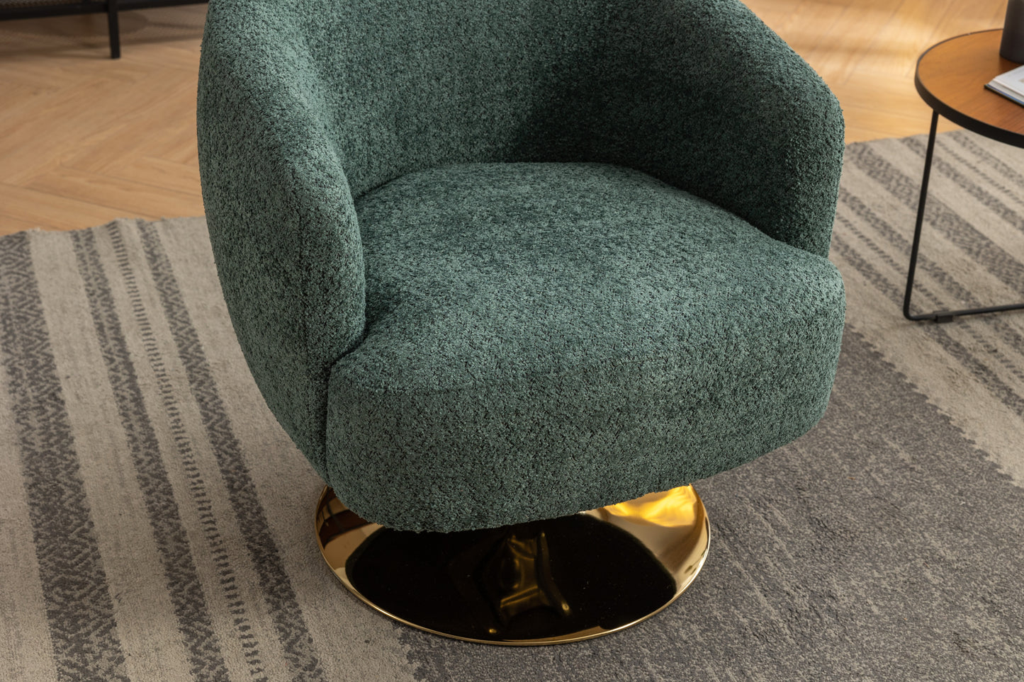 048-Chenille Fabric Accent Swivel Chair With Gold Metal Round Base,Green