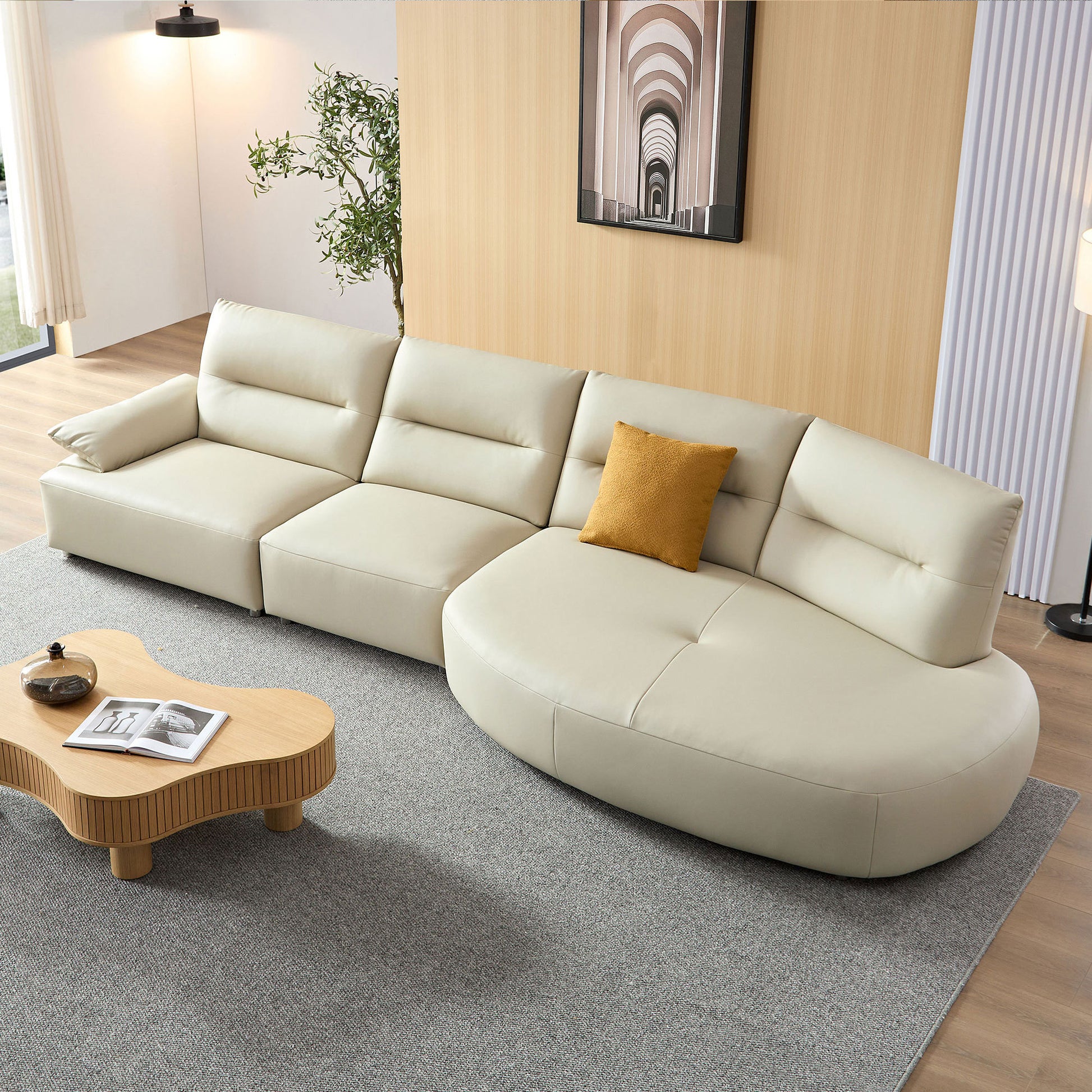 147.24'' Oversied Modern Sectional Curved Shaped Sofa Couch for Living Room,Upholstered 5-Seat Sofa Eco-leather Couch Set,Beige