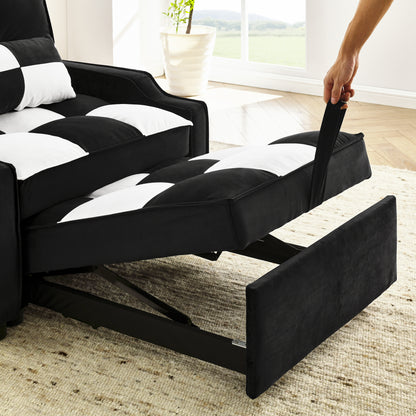 modern velvet armchair sofa couch  pull out  bed,3 in one convertible for living room sofa bed,black white