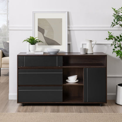 Contemporary Detailed-Door Sideboard with Open Storage – Dark Espresso / Solid Black