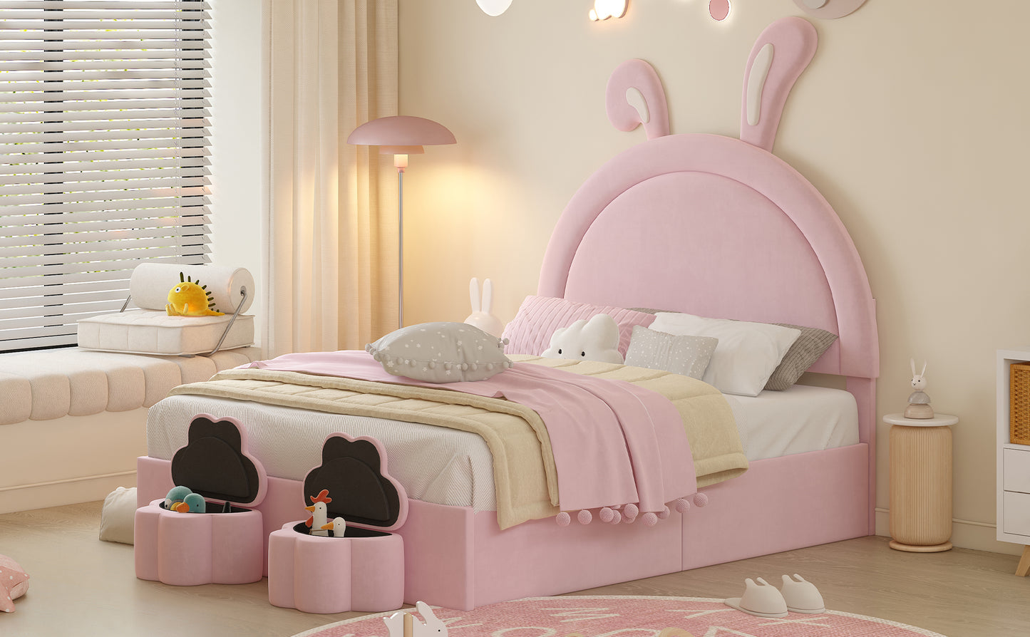 Full size Upholstered Rabbit-Shape Bed with 2 Storage Stools, Velvet Platform Bed with Cartoon Ears Shaped Headboard, Pink