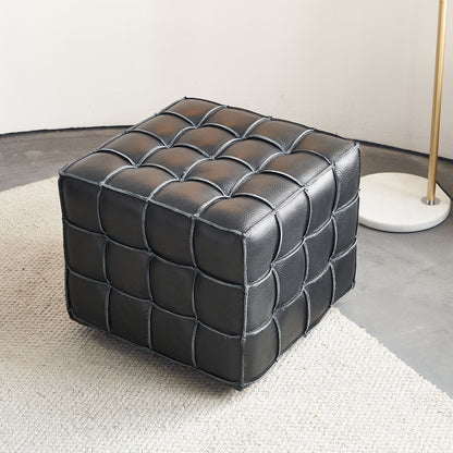 17.32''W Genuine Leather Tufted Ottoman,Footstool for Living Room & Bedroom,Black Color