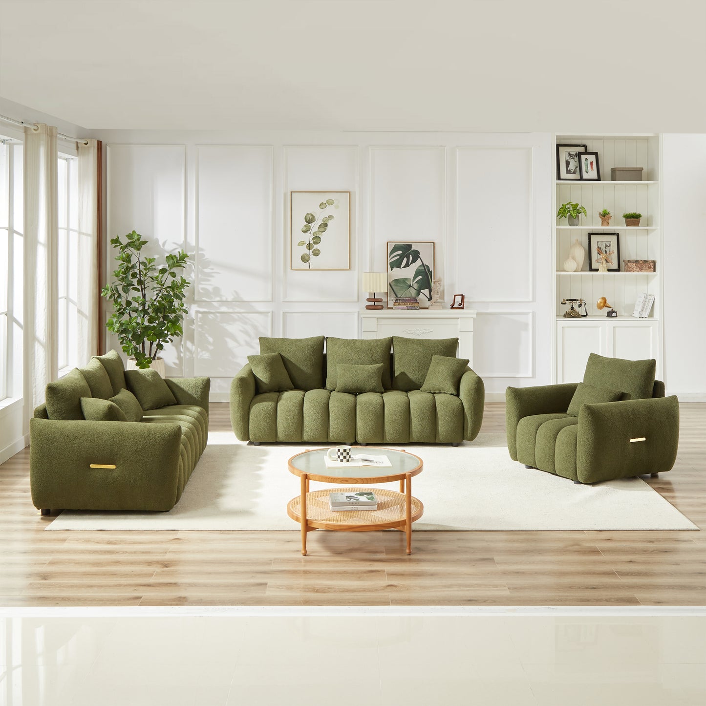 1 Seater + 3 Seater + 3 Seater,  Combo Sofa Modern Living Room Sofa, Teddy Sofa, Wooden Frame, 7 Cushions, Apartment Sofa Furniture