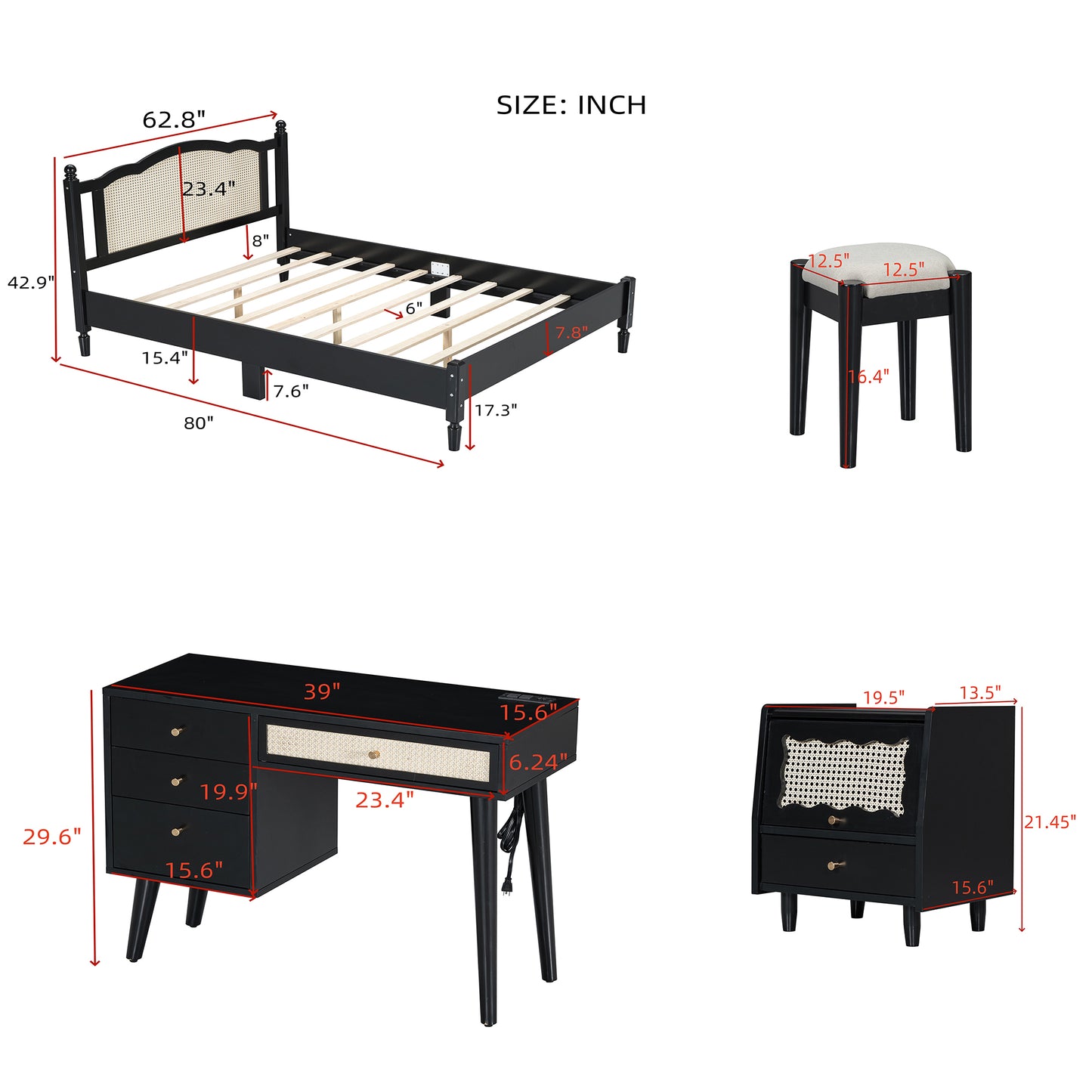 3 Pieces Bedroom Set with Queen Size Wooden Bed Frame, 1 Vintage  Nightstand and 1 Makeup Vanity Set with Stool,Black