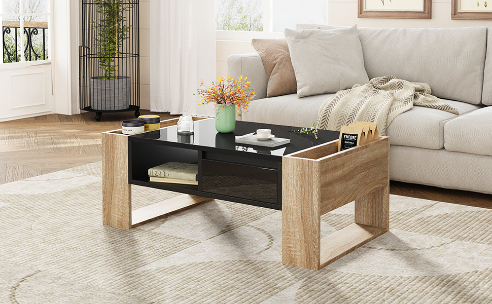 ON-TREND High Glossy Coffee Table with 2 Drawers, Practical Two Tone Center Table with Hidden Compartments, Rectangle Cocktail Table with Open Storage Shelf for Living Room, Bedroom, Black, 41.3*23.6"