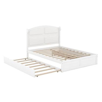 Wood Queen Size Platform Bed with Twin Size Trundle and 2 Drawers, White