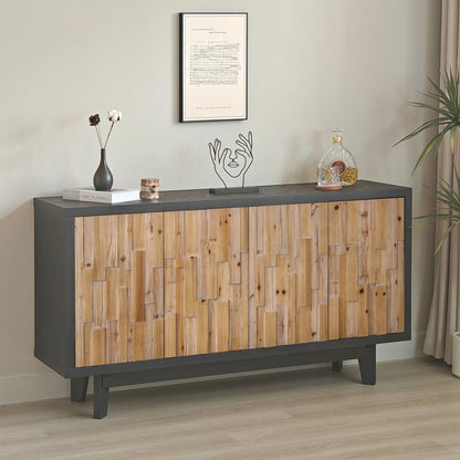 Modern Wooden 4-Door Storage Cabinet with Textured Geometric Design - Natural Wood Door