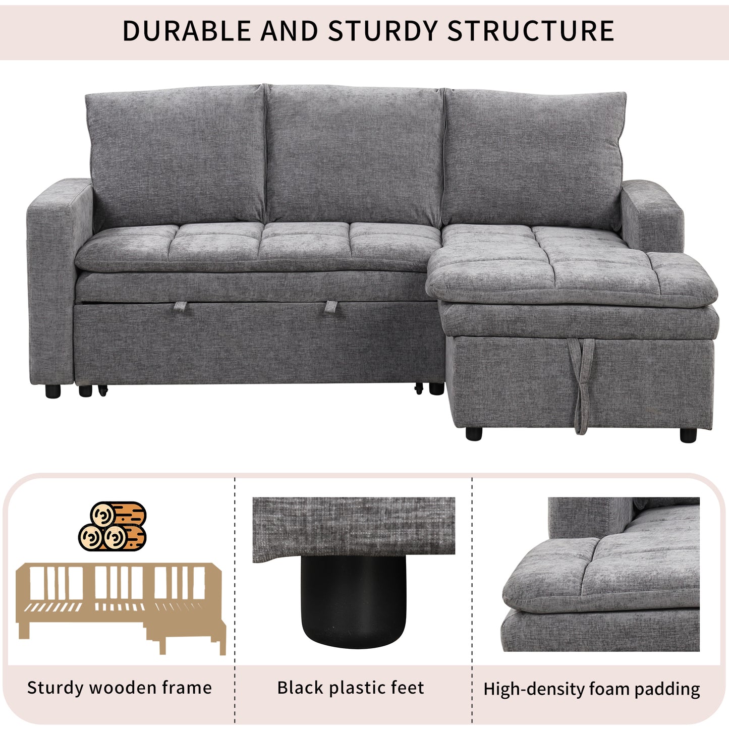 U_STYLE  Soft Upholstered Sectional Sofa Bed with Storage Space, Suitable for Living Rooms and Apartments.