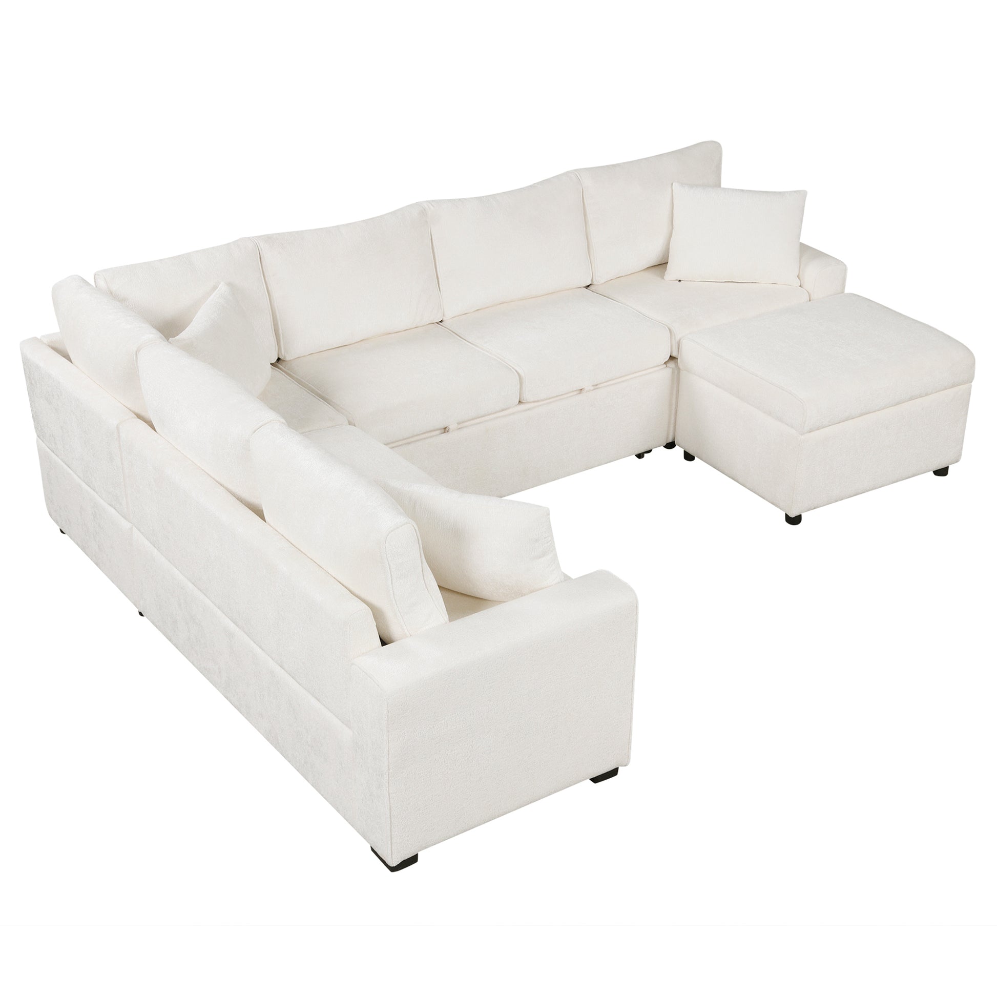 112.2" Sectional Sofa Pull-out Sofa Bed Sleeper with a Storage Ottoman,Three Pillows and Charging Devices for Living Room, Cream