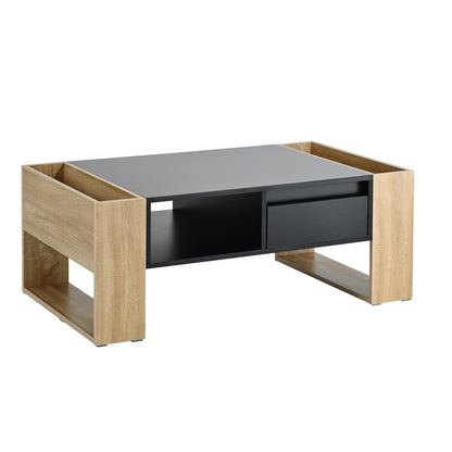 ON-TREND High Glossy Coffee Table with 2 Drawers, Practical Two Tone Center Table with Hidden Compartments, Rectangle Cocktail Table with Open Storage Shelf for Living Room, Bedroom, Black, 41.3*23.6"