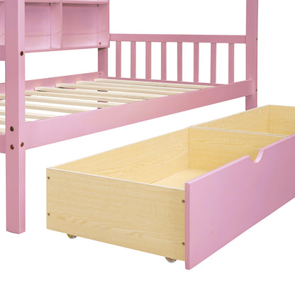 Wooden Twin Size House Bed with 2 Drawers,Kids Bed with Storage Shelf, Pink