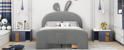 Full Size Velvet Platform Bed with Rabbit-Shaped Headboard, with Drawers, with Bed-End Storage Pocket, Gray