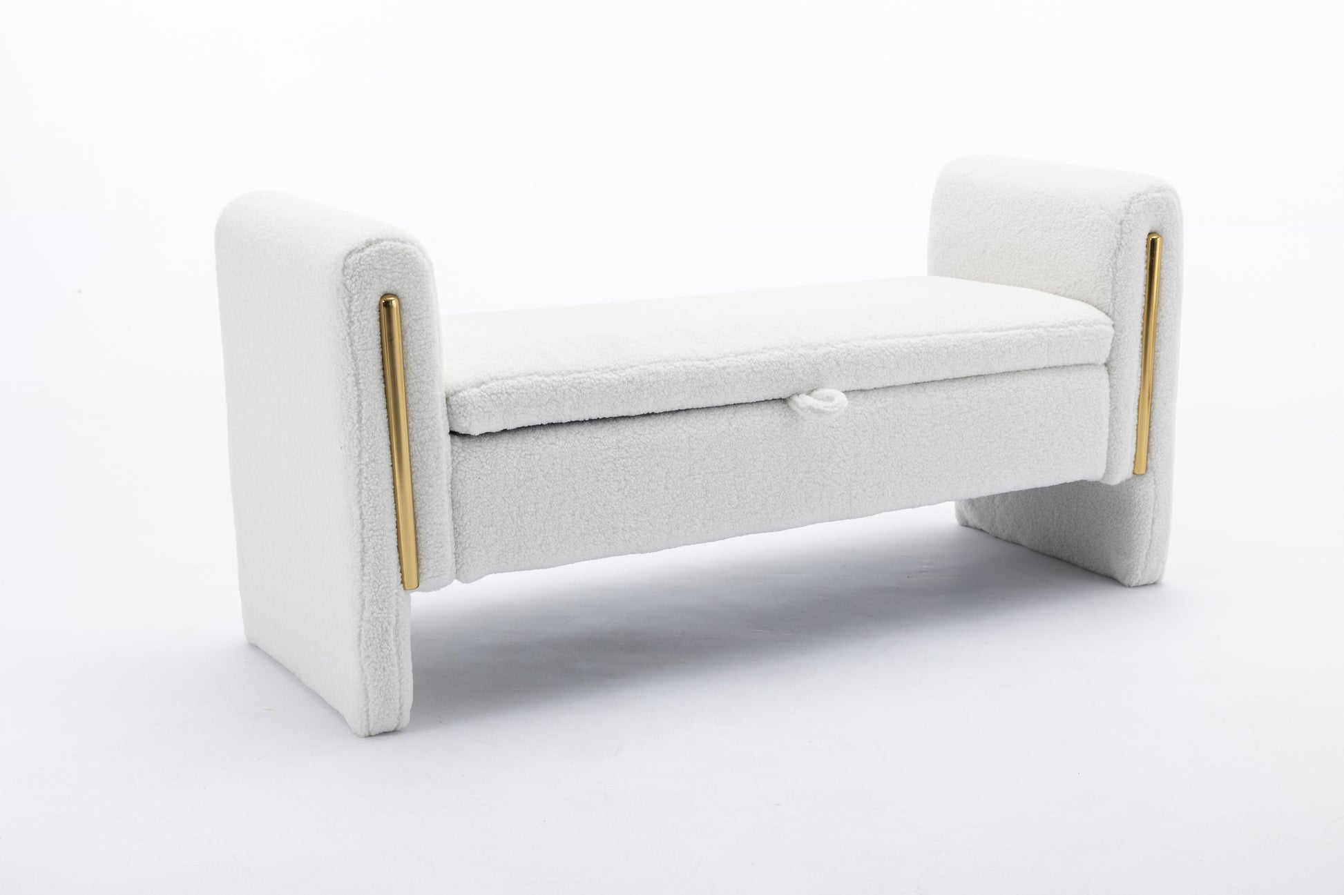 032-Teddy Fabric Storage Bench Bedroom Bench With Gold Metal Trim Strip For Living Room Bedroom Indoor,Ivory