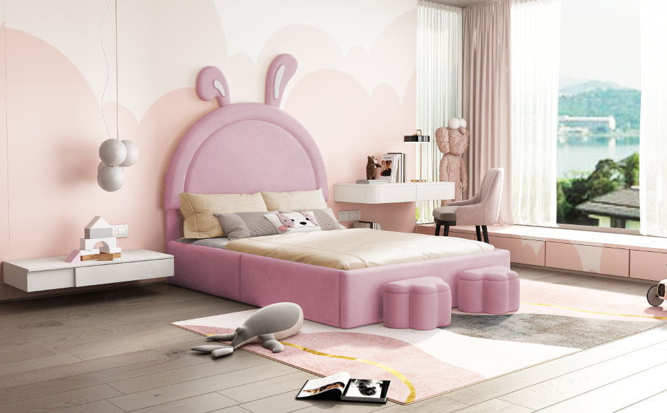 Full size Upholstered Rabbit-Shape Bed with 2 Storage Stools, Velvet Platform Bed with Cartoon Ears Shaped Headboard, Pink