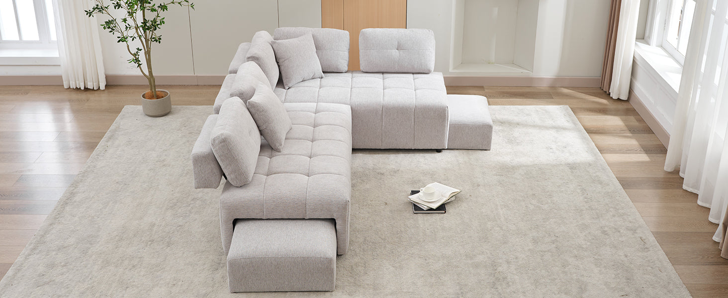 91.73" L-shaped Sofa Sectional Sofa Couch with 2 Stools and 2 Lumbar Pillows for Living Room, Light Grey