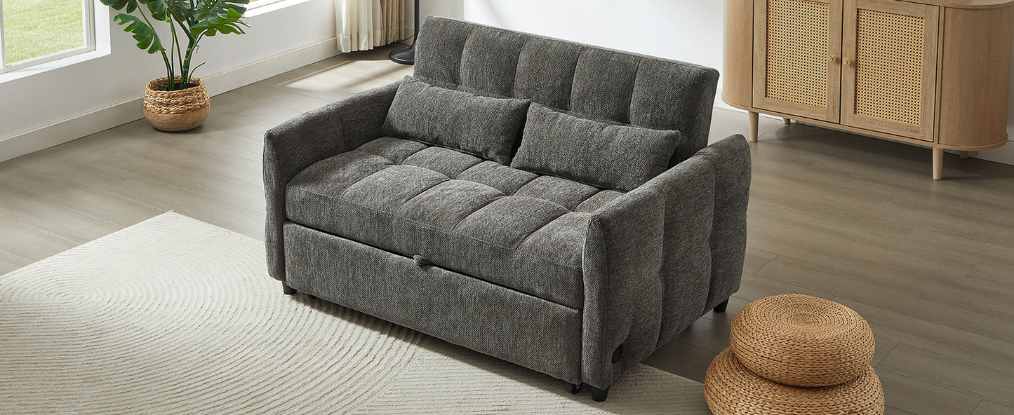 52.8" Loveseat Sofa Pull-out Sofa Bed Tufted Sleeper Sofa with an Adjustable Backrest, Three USB Ports and Two Lumbar Pillows for Living Room, Grey