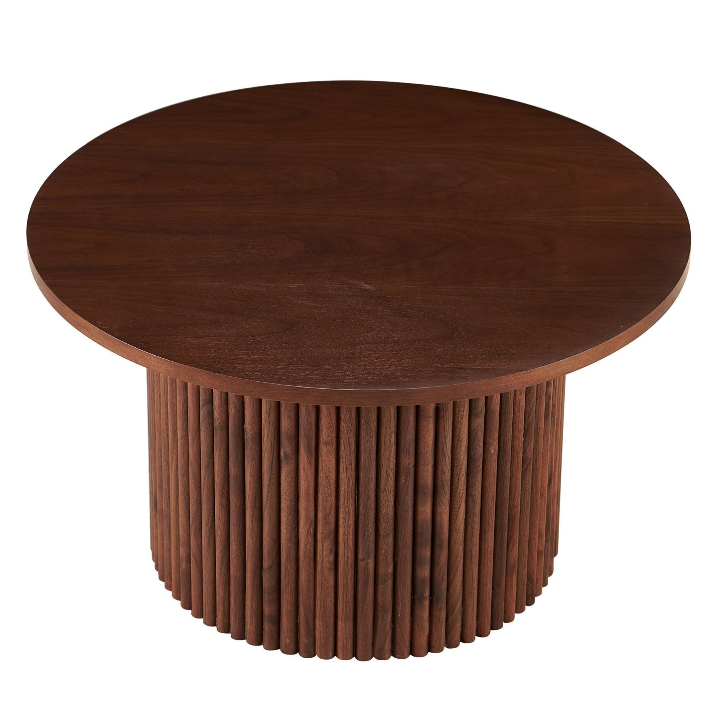 Walnut Wood Veneer Tabletop 27.56 Inch Round Coffee Table, Farmhouse Circle Coffee Table MDF Table-top with Metal Base, Sofa Side Table for Living Room, Reception Room