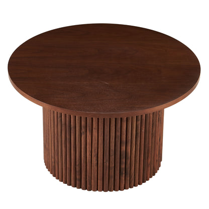 Walnut Wood Veneer Tabletop 27.56 Inch Round Coffee Table, Farmhouse Circle Coffee Table MDF Table-top with Metal Base, Sofa Side Table for Living Room, Reception Room