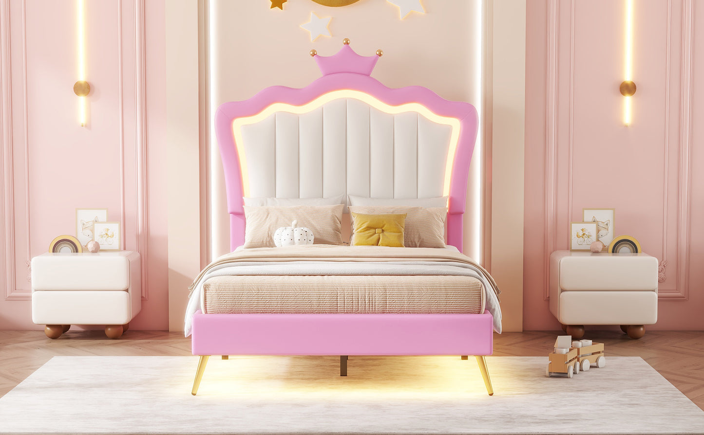 Twin Size Upholstered Bed Frame with LED Lights, Modern Upholstered Princess Bed with Crown Headboard, Pink+White