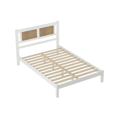 Full Size Wooden Platform Bed with Natural Rattan Headboard, Exquisite Elegance with Minimalist Charm for Bedroom, White