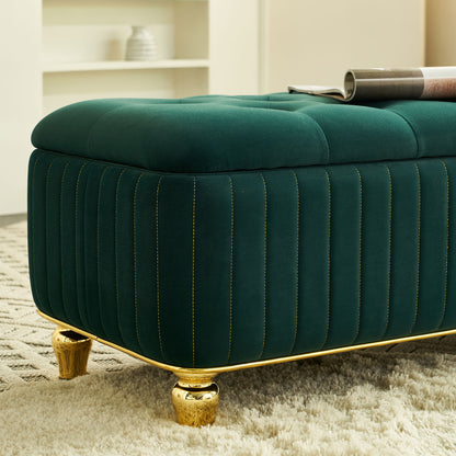 47.24''W Storage Ottoman,Upholstered Velvet Fabric Storage Ottoman with Safety Hinge, gold decoration strip and gold embroidery Footstool, Ottoman Bench for Living Room & Bedroom,Green Color