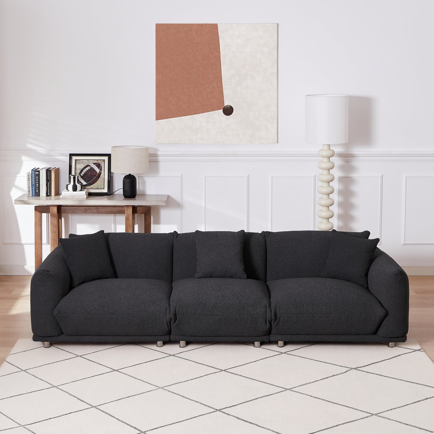 Originality Shapes Black Lambswool Sherpa 4 Seater Sofa With Metal Legs, Solid Wood Frame Couch with 3 Pillows, Linear and Modular Version Design, Possibility Combined Armchair Current Style