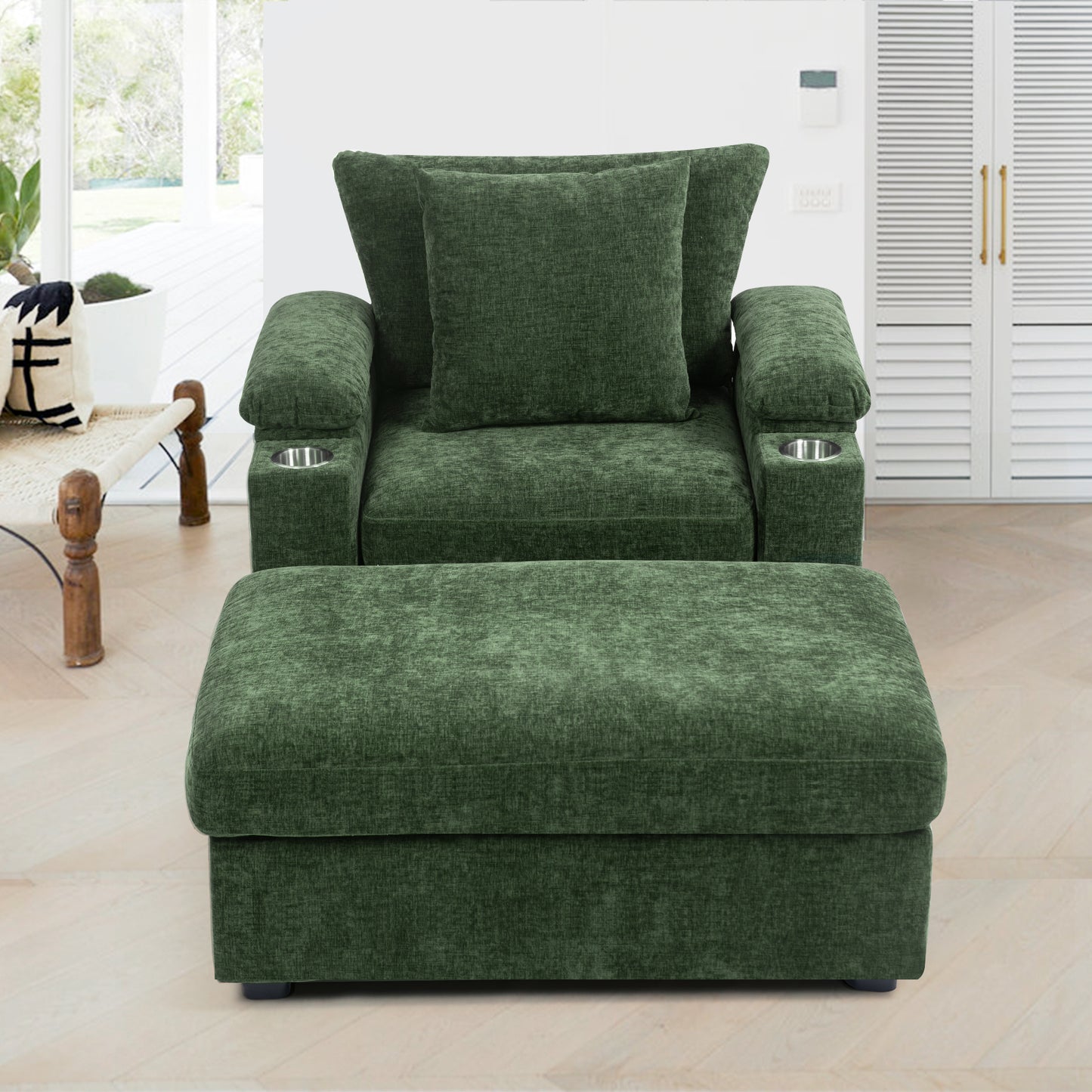 Modern Oversized Chair with Ottoman,Chenille Fabric Sofa Bed,Accent Chair Comfy Sofa with Cupholders and USB Charging Ports Chair for Living Room,Bedroom,Apartment