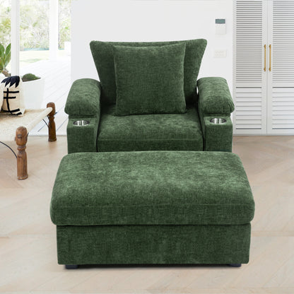 Modern Oversized Chair with Ottoman,Chenille Fabric Sofa Bed,Accent Chair Comfy Sofa with Cupholders and USB Charging Ports Chair for Living Room,Bedroom,Apartment