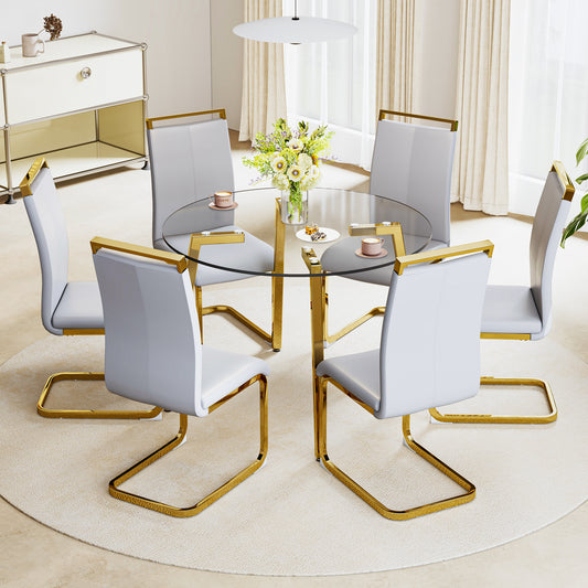 Table and chair set.Modern Luxurious Round Tempered Glass Dining Table Set-40*40 inch with 6 Light Gray PU Chairs.C-tube Gold Metal Chair Legs.Bring a comfortable home experience to the kitchen.