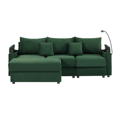 95.3" Modern Style 3-Seater Sofa Sectional Sofa Couch with Storage Space, A Movable Ottoman, Two USB Ports, Two Cup Holders, A Phone Holder for Living Room, Green