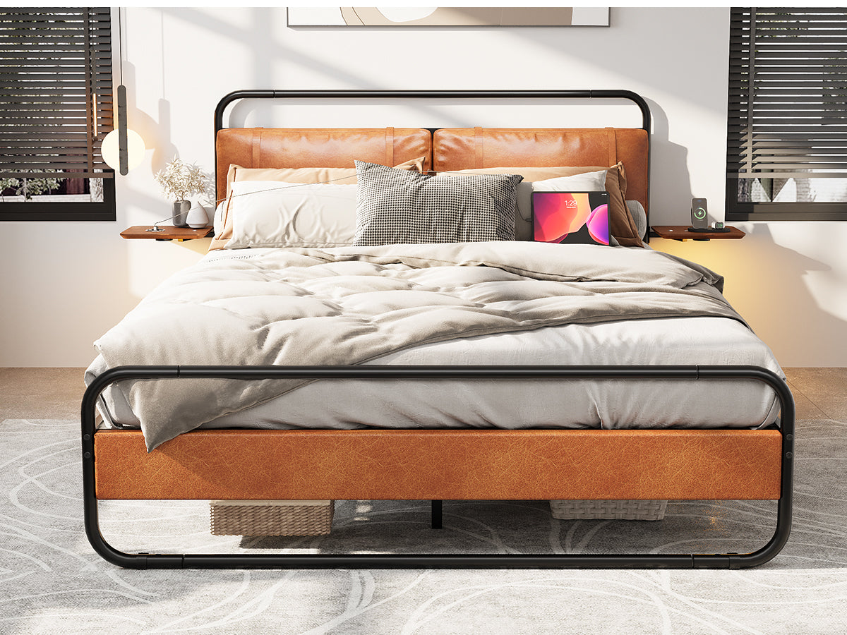 Queen Size Metal Bed Frame with Upholstered Headboard,  with wireless charging and USB A & USB C, Touch LED light,Oval-Shaped Platform Bed with Under-Bed Storage, No Box Spring Needed, Vintage Brown