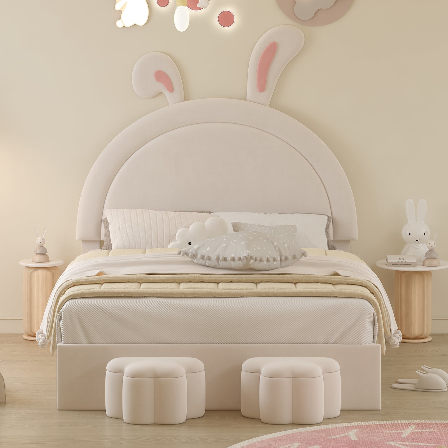 Full size Upholstered Rabbit-Shape Bed with 2 Storage Stools, Velvet Platform Bed with Cartoon Ears Shaped Headboard, White