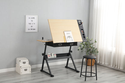 adjustable drawing drafting table desk with 2 drawers for home office and school with stool(wood)