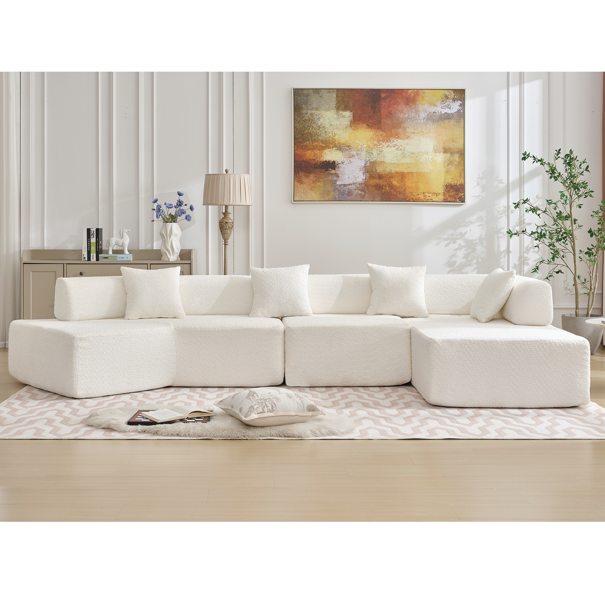 [NEW ARRIVED] [VIDEO PROVIDED]Modern Minimalist 140" L-Shape Couch ,No Assembly Required,Boucle,Modular Sofa ,Couch with Chaise,Free Combination Foam-Filled Sofa, 4 Seats,White