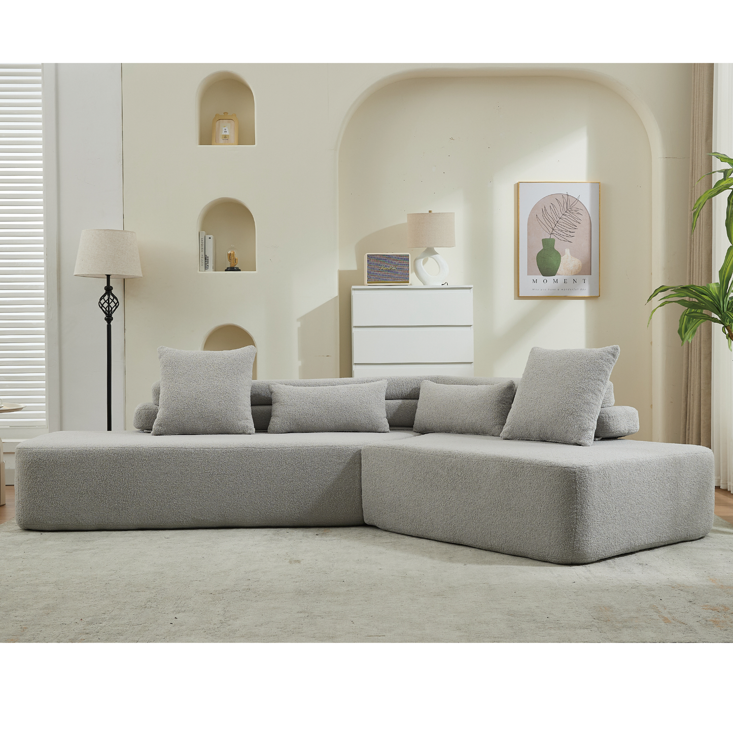 [NEW ARRIVED] [VIDEO PROVIDED] 128"Minimalist Cloud Sectional Couch ,Modern Couches ,4-Seater ,No Assembly,Two modular sofa,Boucle Teddy  Fabric, upholstered , anti-wrinkle fabric,Light Gray