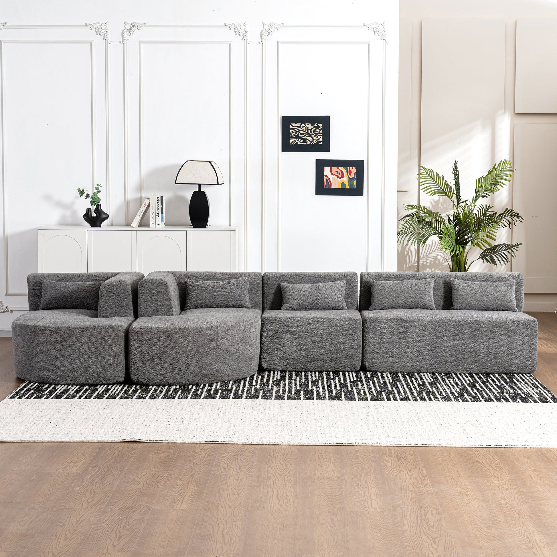 143.7" Upholstered Sofa Free-combined Sofa Couch with Two Chaise Lounge and Five Back Pillows for Living Room, Light Gray