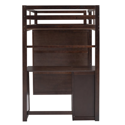 Twin size Loft Bed with Drawers,Desk,and Wardrobe-Espresso