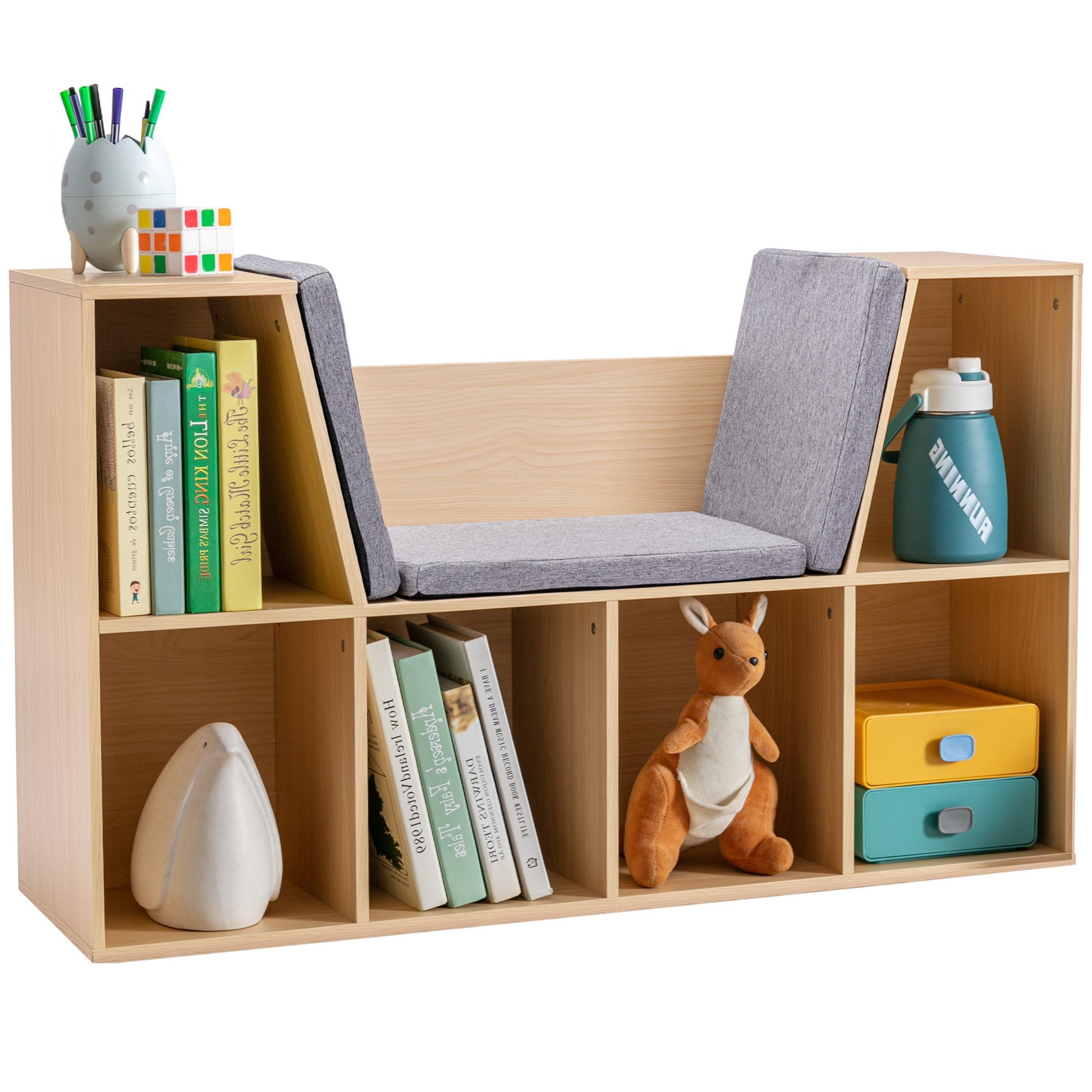 6-Cubby Kids Bookcase with Reading Nook and Cushion, Multi-Purpose Storage Organizer for Bedroom, Living Room, Natural - Groovy Boardz