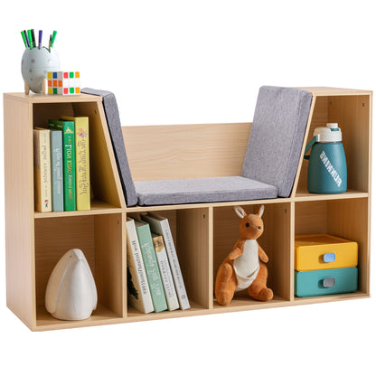 6-Cubby Kids Bookcase with Reading Nook and Cushion, Multi-Purpose Storage Organizer for Bedroom, Living Room, Natural - Groovy Boardz