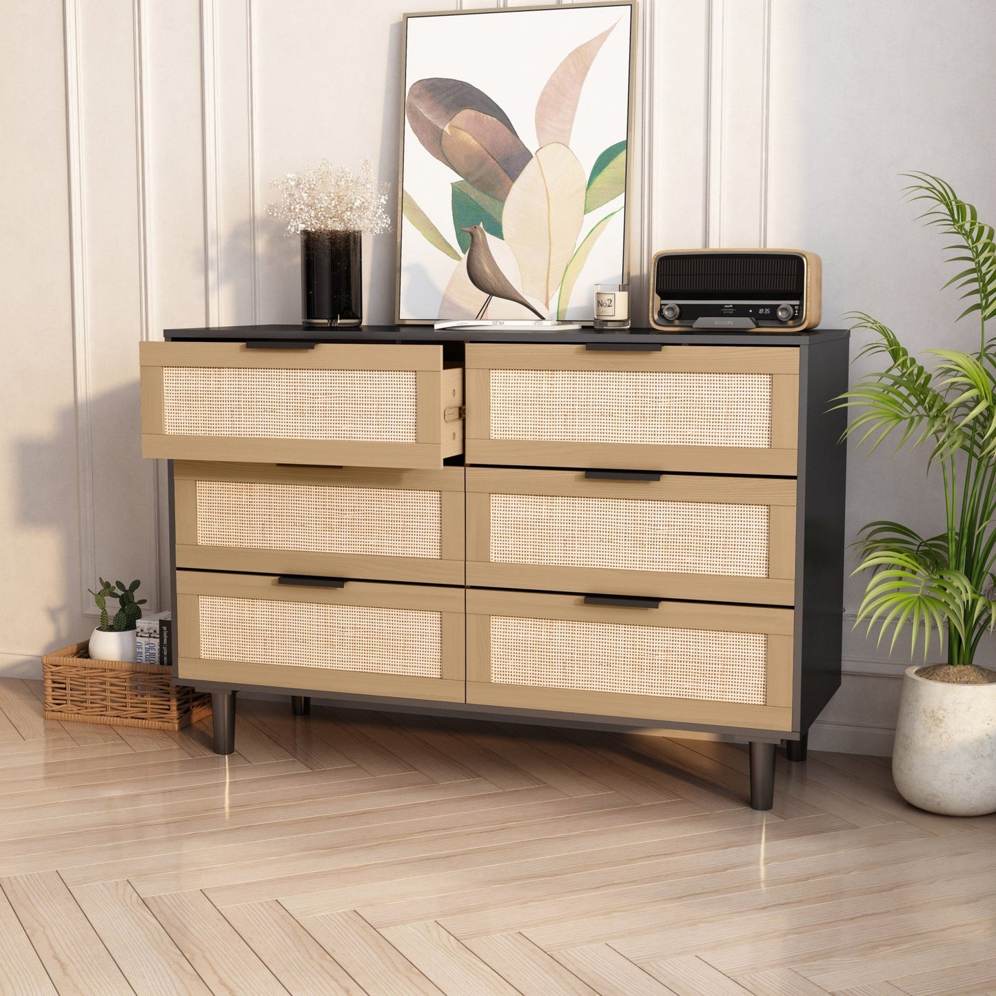 6 drawers Rattan dresser Rattan Drawer, Bedroom,Living Room (Black) - Groovy Boardz