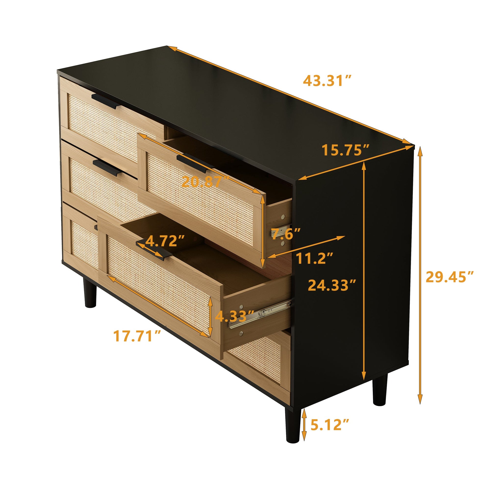 6 drawers Rattan dresser Rattan Drawer, Bedroom,Living Room (Black) - Groovy Boardz