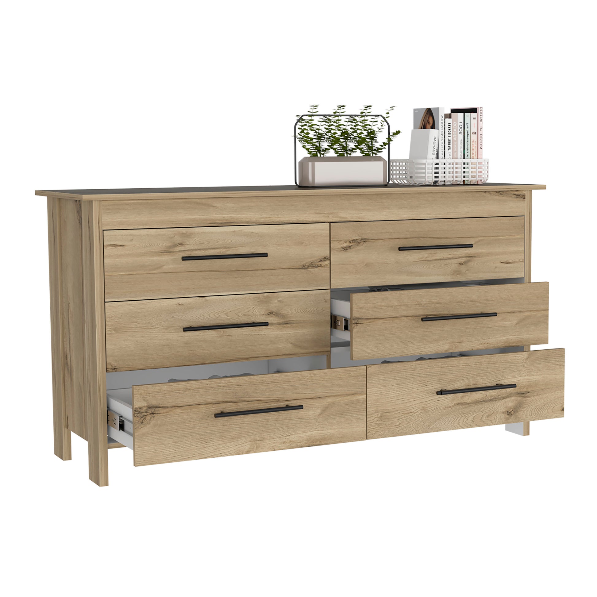 Hms 6 Drawer Double Dresser, Four Legs, Superior Top -Light Oak / White