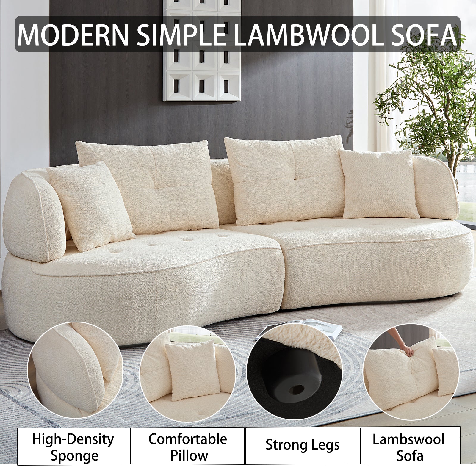 WKS7W  White, 4-seat modular sofa, durable fabric, solid wood frame, high density sponge cushion, 4 pillows