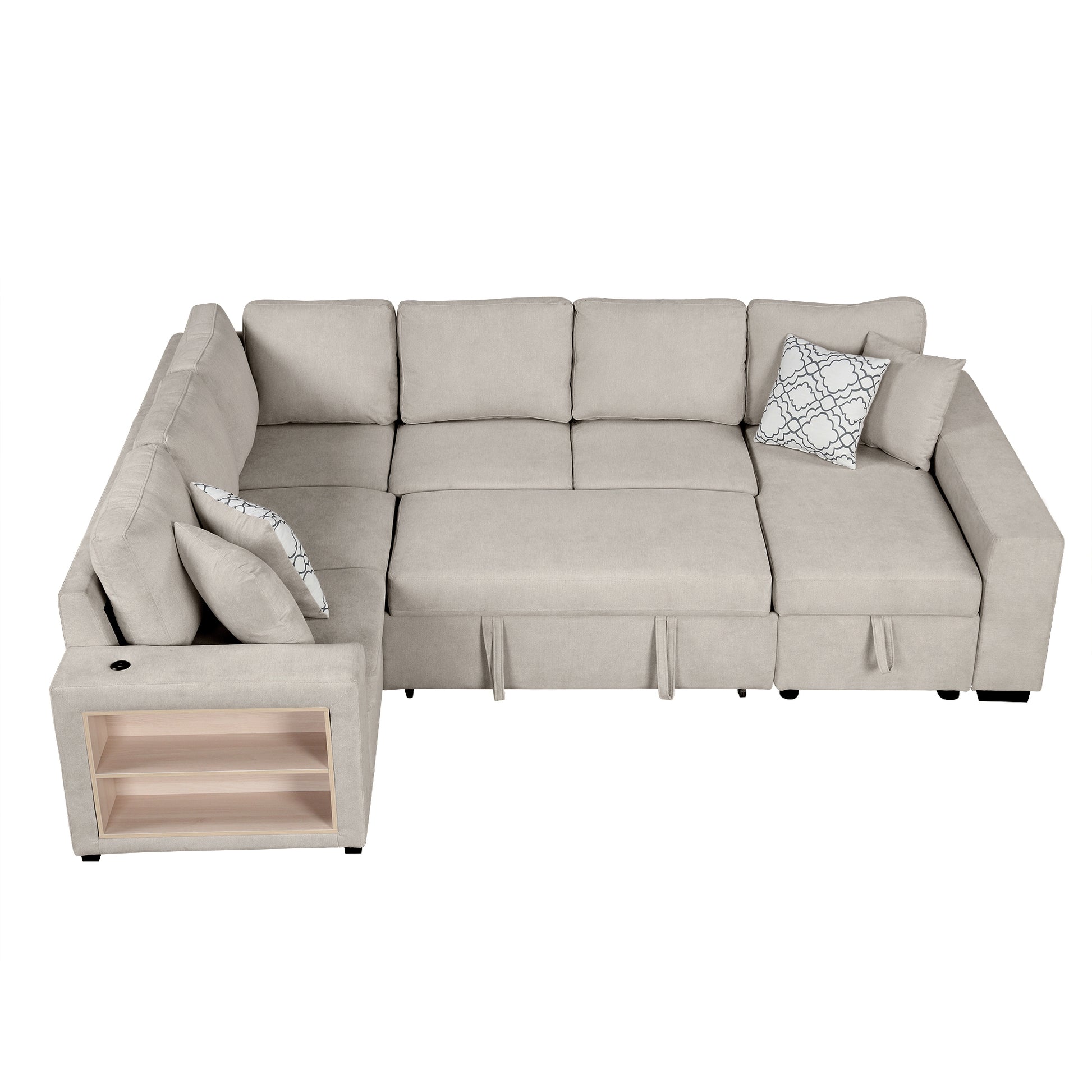 109" U-shaped Sectional Sofa Pull-out Sofa Bed with Two USB Ports, a Storage Chaise Lounge and Four Back Pillows for Living Room, Beige